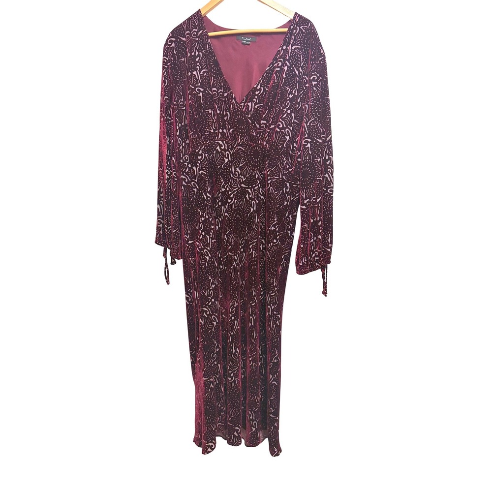 ECI New York Burnout Velvet Boho Burgundy Wrap Midi Dress Slit Sleeve 22W